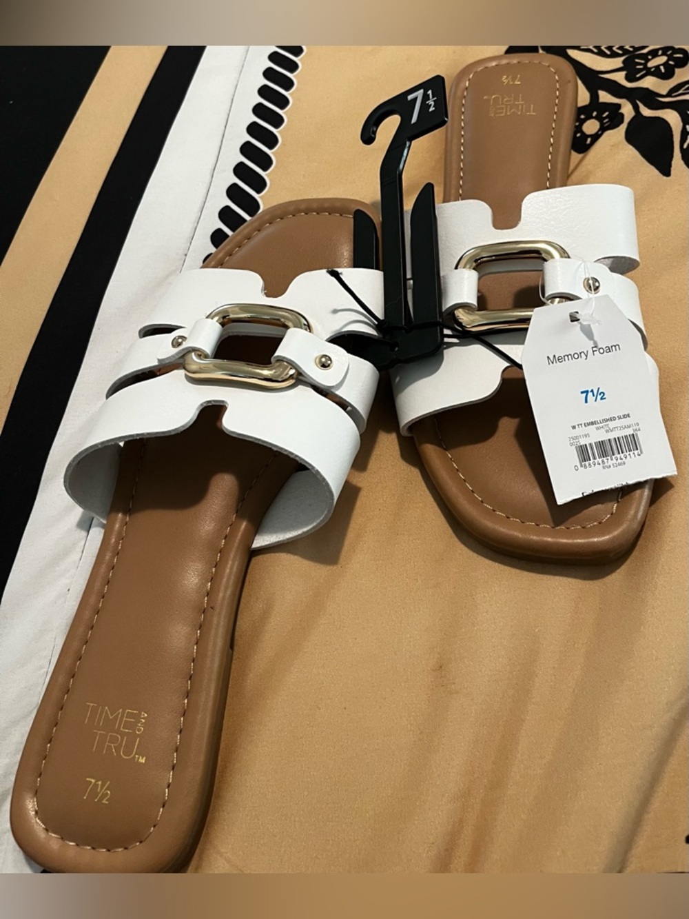 Time and Tru White Slide Sandals with Gold Buckle - Picture 3 of 5